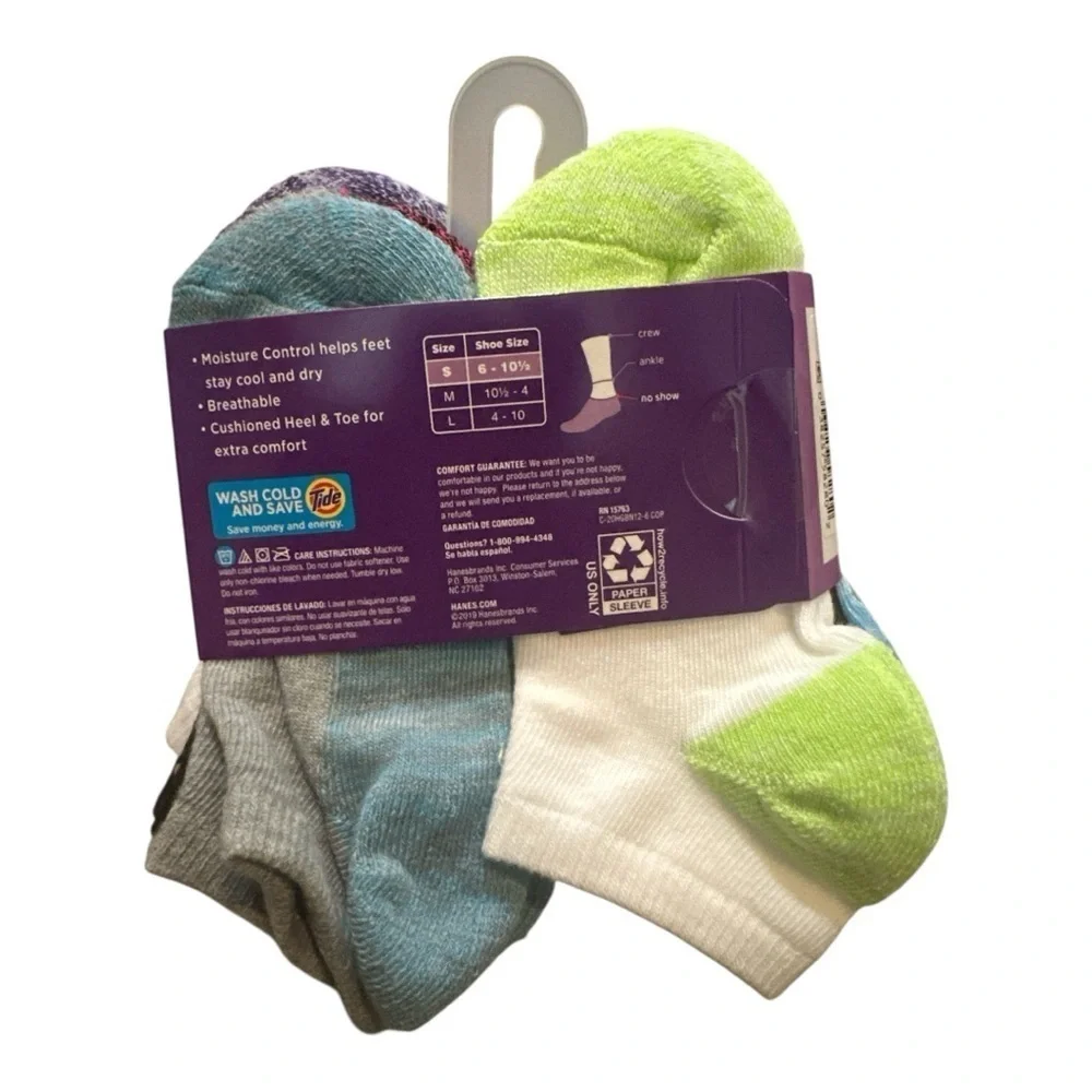Hanes Girls’ No Show Socks – 12 Pairs, Size 6-10.5 (S), Multi-Color, NWT